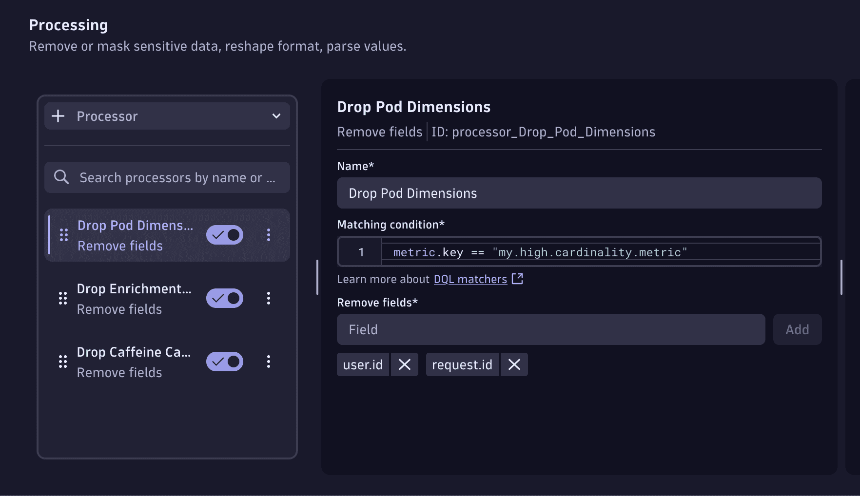 Usage of the OpenPipeline Remove fields processor