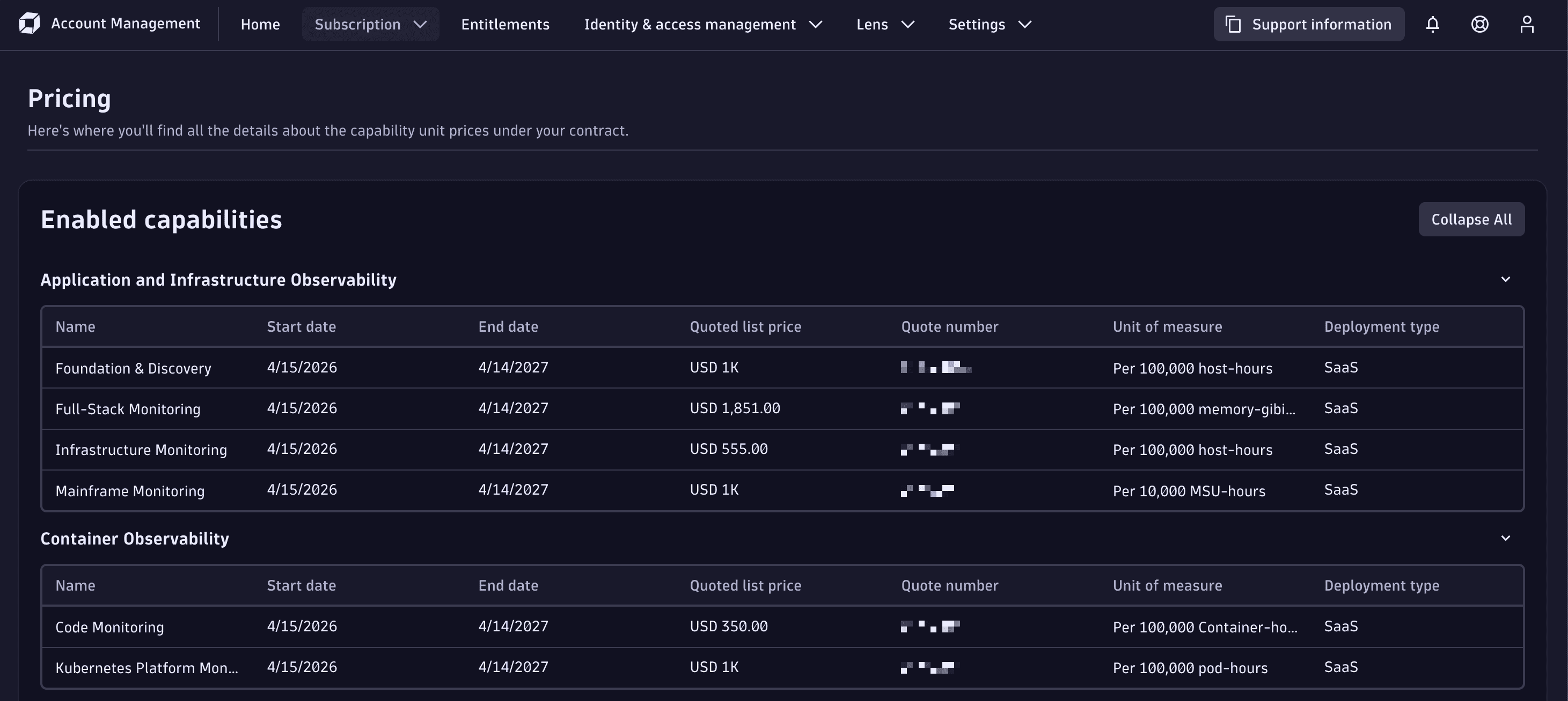 The Pricing page in Account Management shows all relevant rate-card categories and their prices