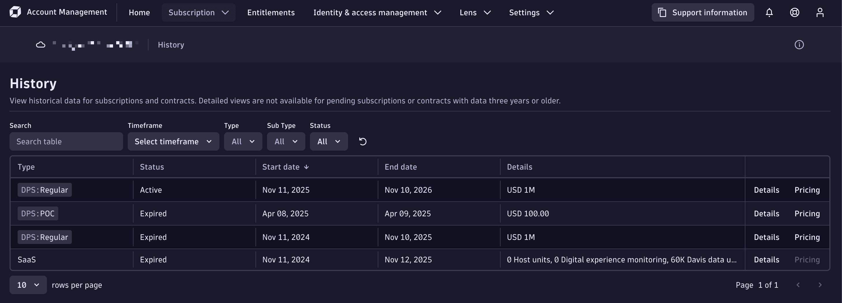 The History page in Account Management shows all your active and expired subscriptions