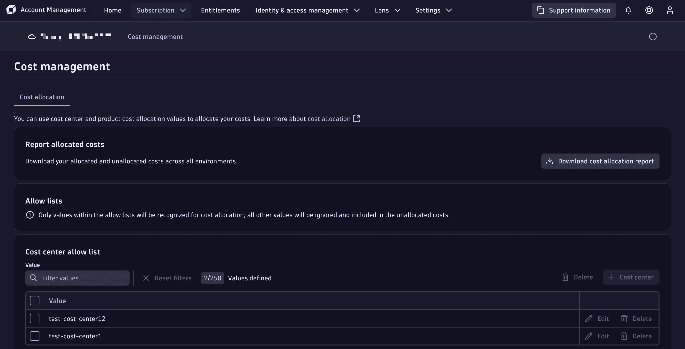 The Cost management page in Account Management