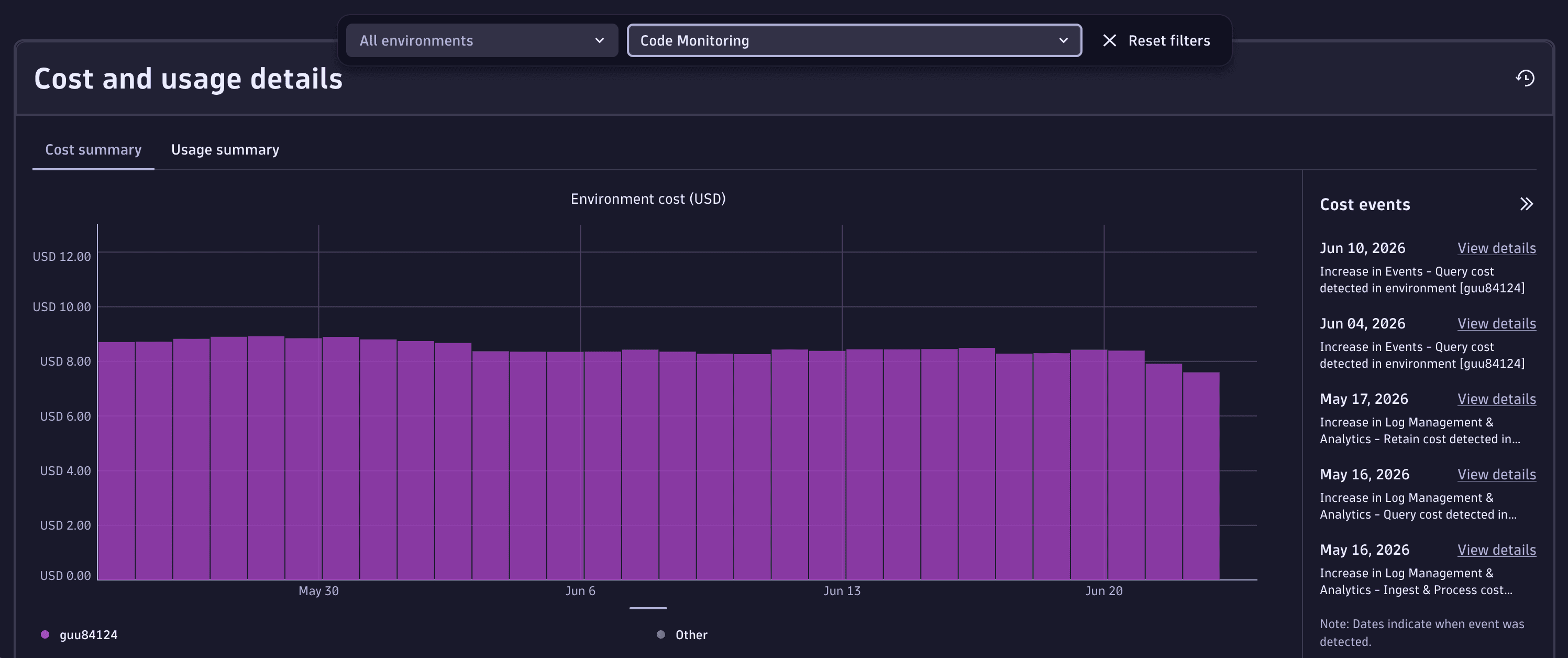 Code Monitoring usage summary in Account Management