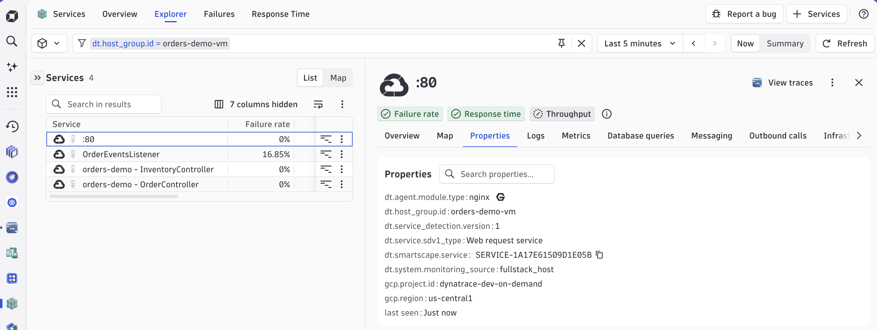"orders-demo-vm" host group showing four fragments for single VM in the Service app)