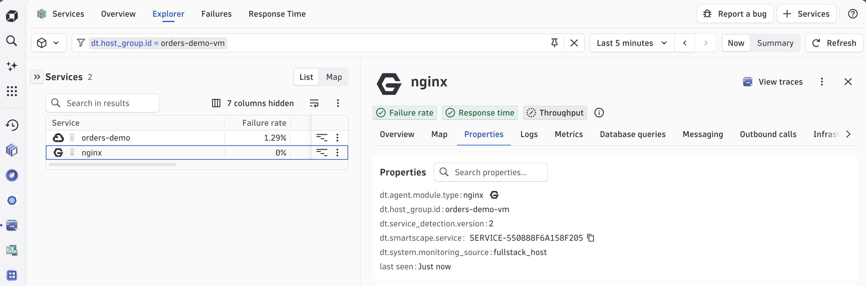 "orders-demo-vm" host group showing two SDv2 services in the Service app
