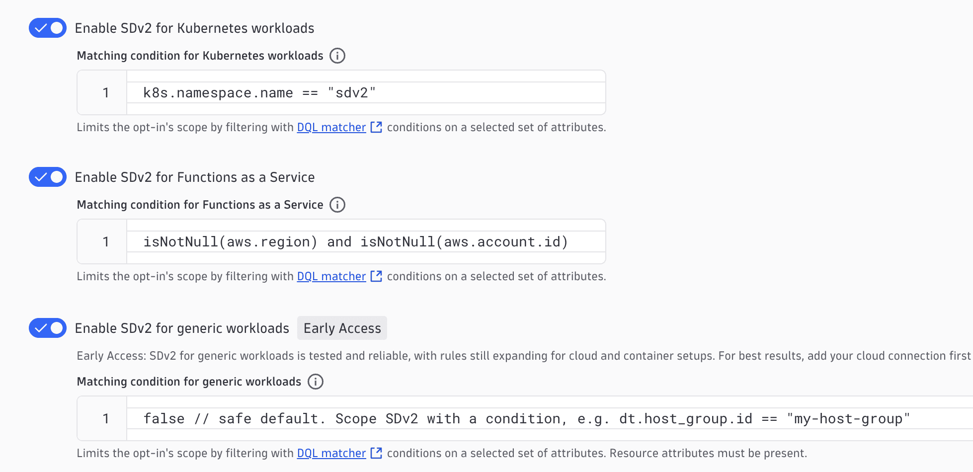 Settings page where you can activate and configure SDv2 for OneAgent