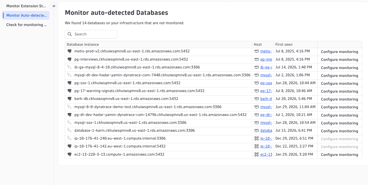 The Monitor auto-detected Databases view listing unmonitored instances with the Configure monitoring action