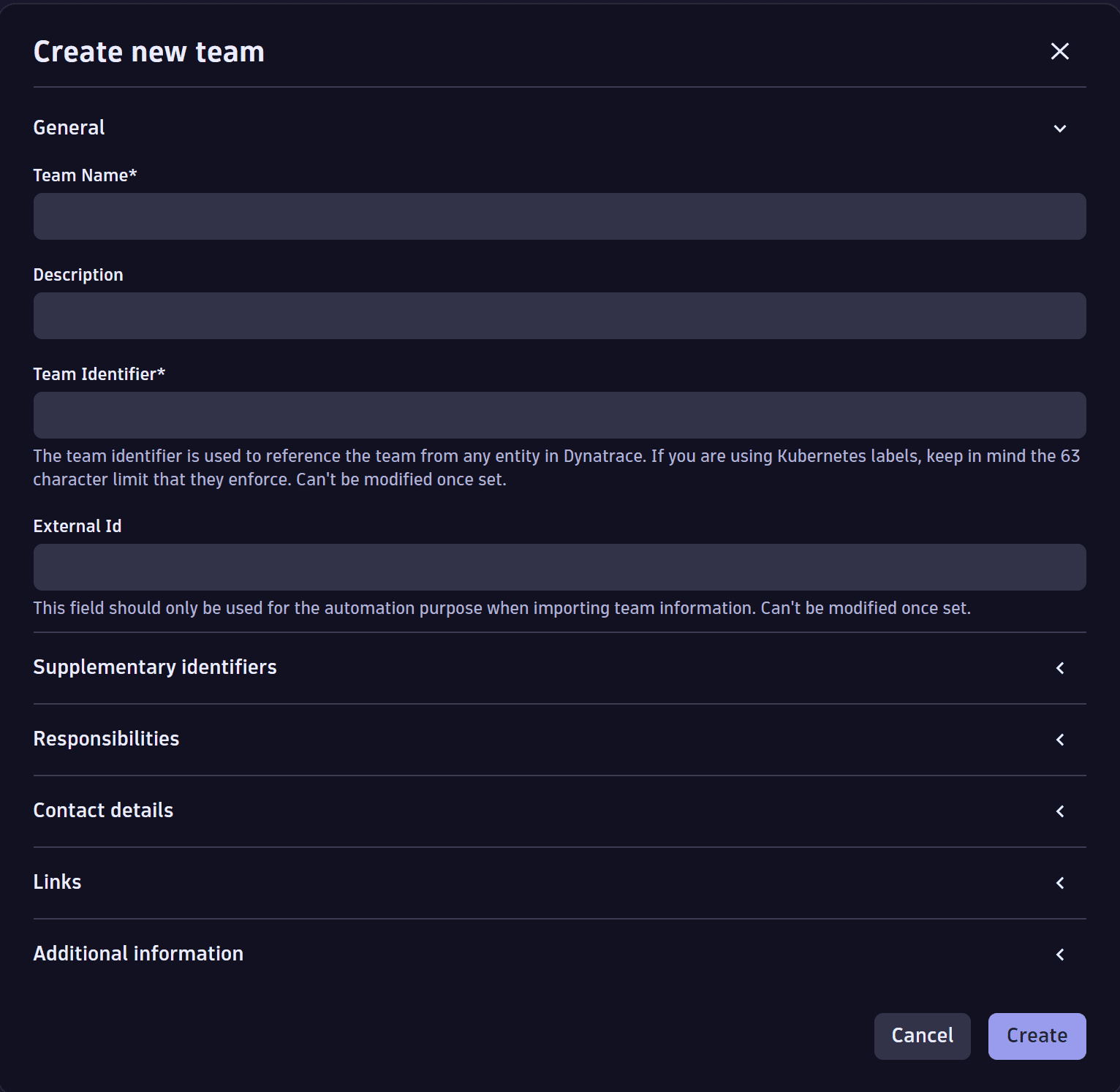 A screenshot of the dialog for creating a new team for the Ownership module