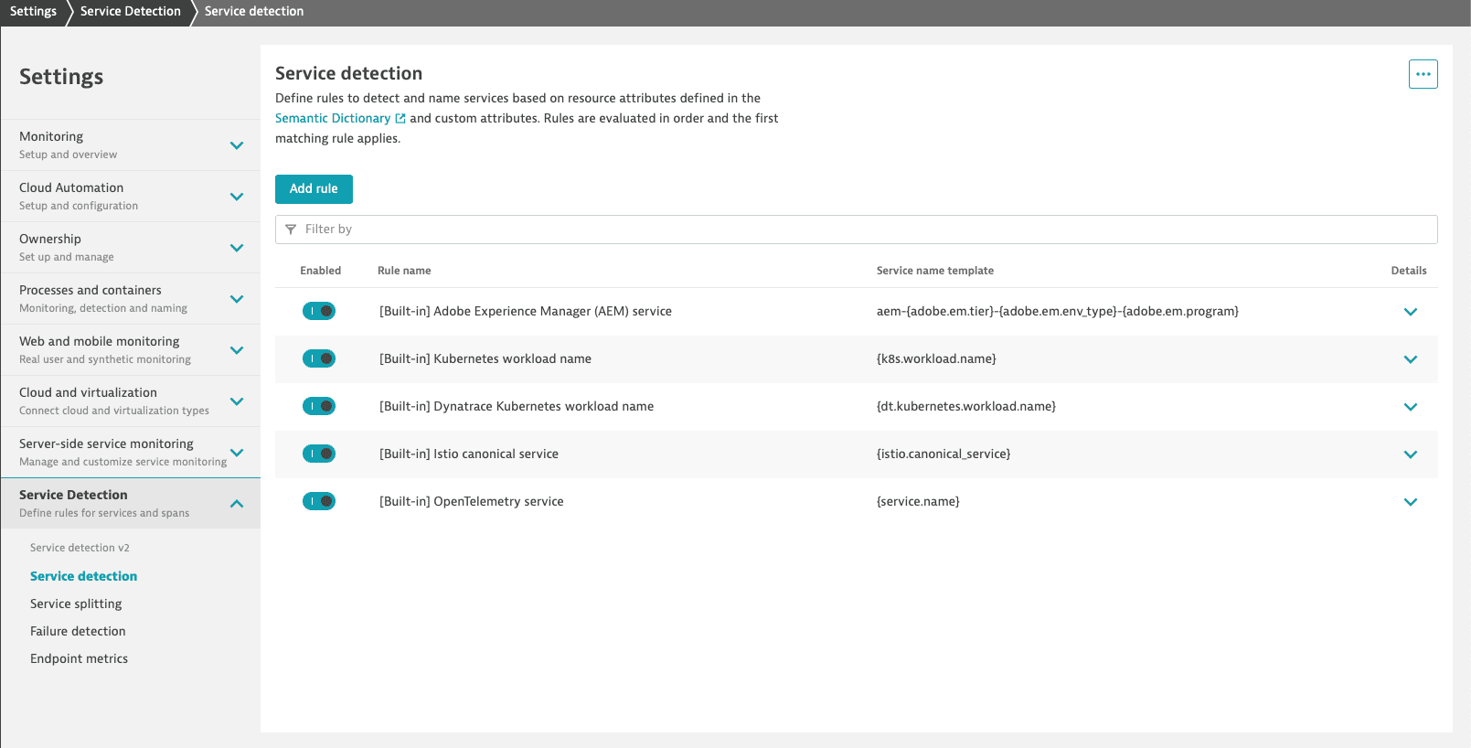 Service detection v2 settings