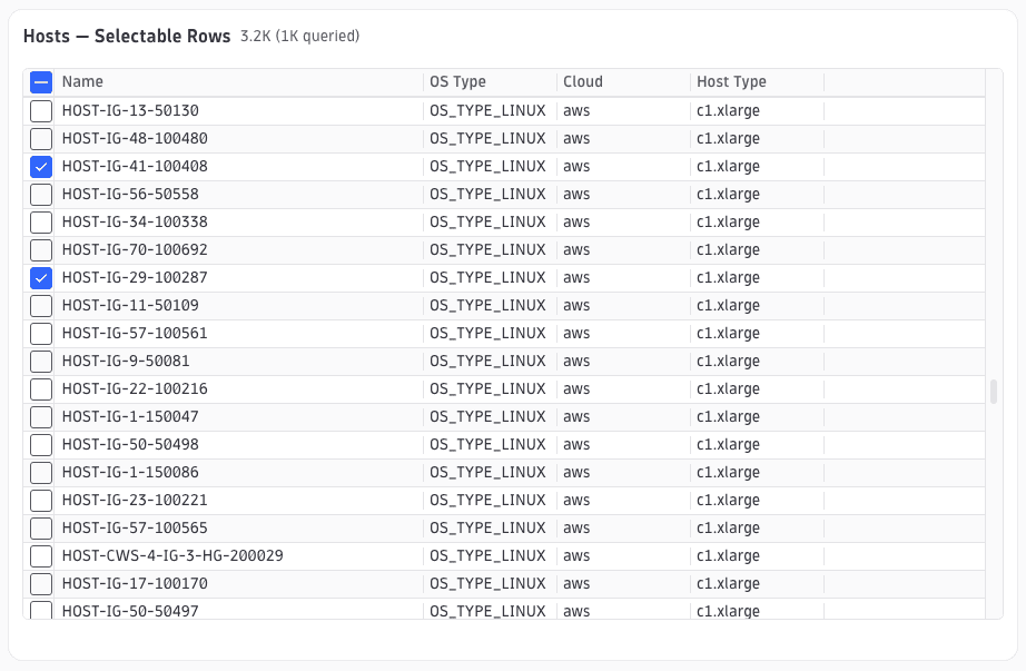 DQL table with leading checkbox column and rows selected for bulk download