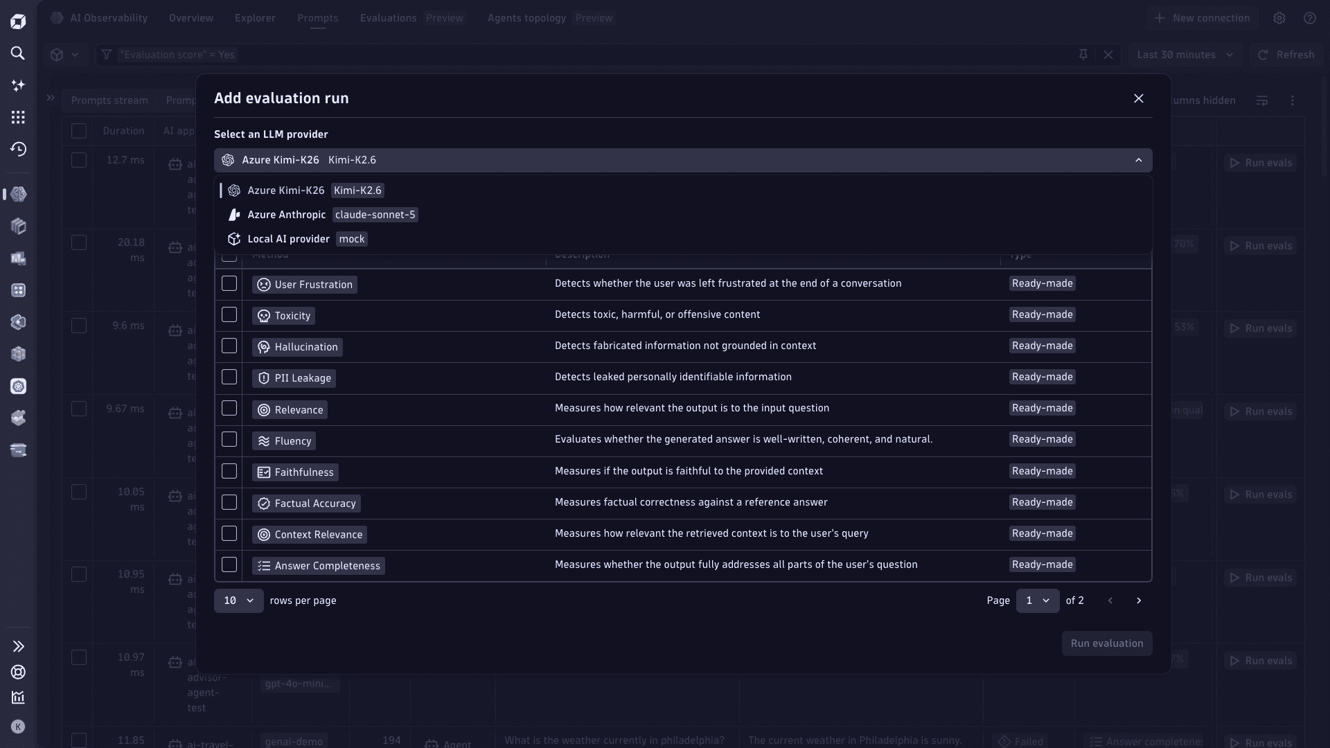 Add evaluation run dialog