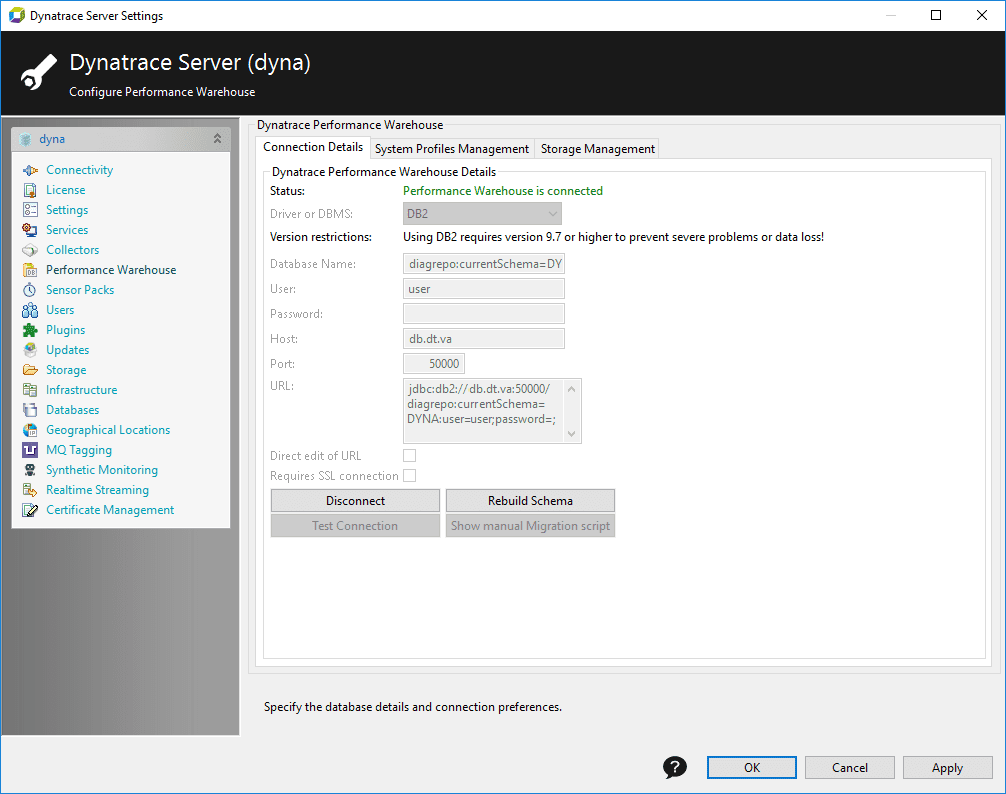 Server Settings - Performance Warehouse