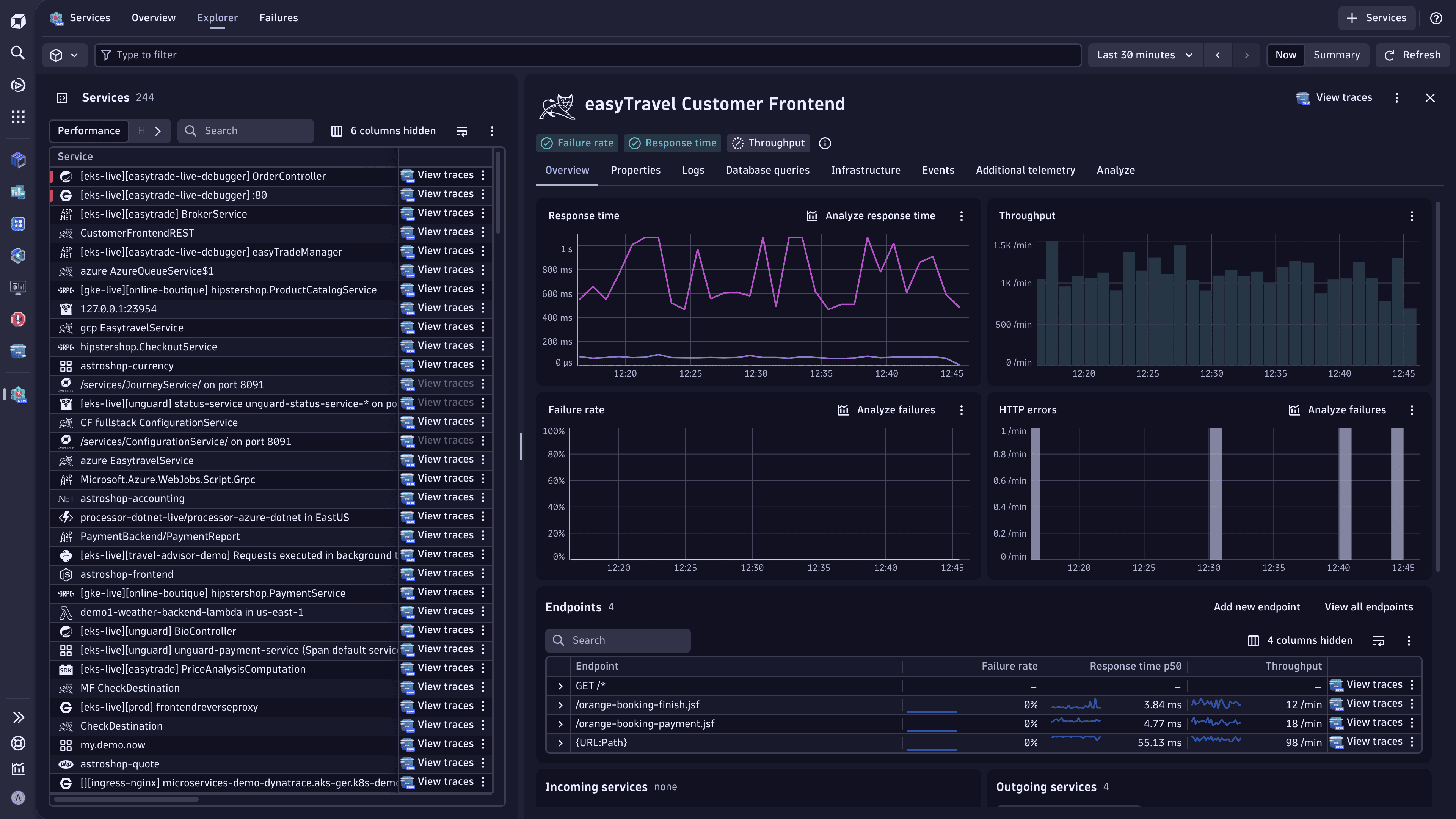Services app showing the Endpoints section with four different endpoints and their metrics