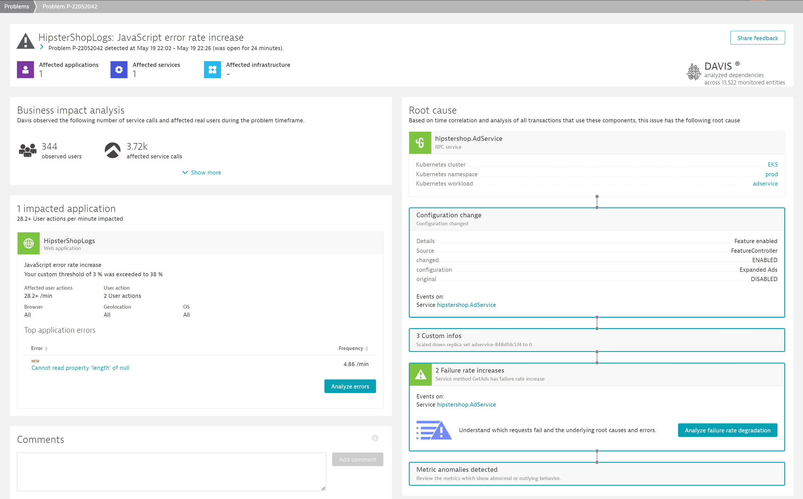 Problem details - Logs in root cause analysis