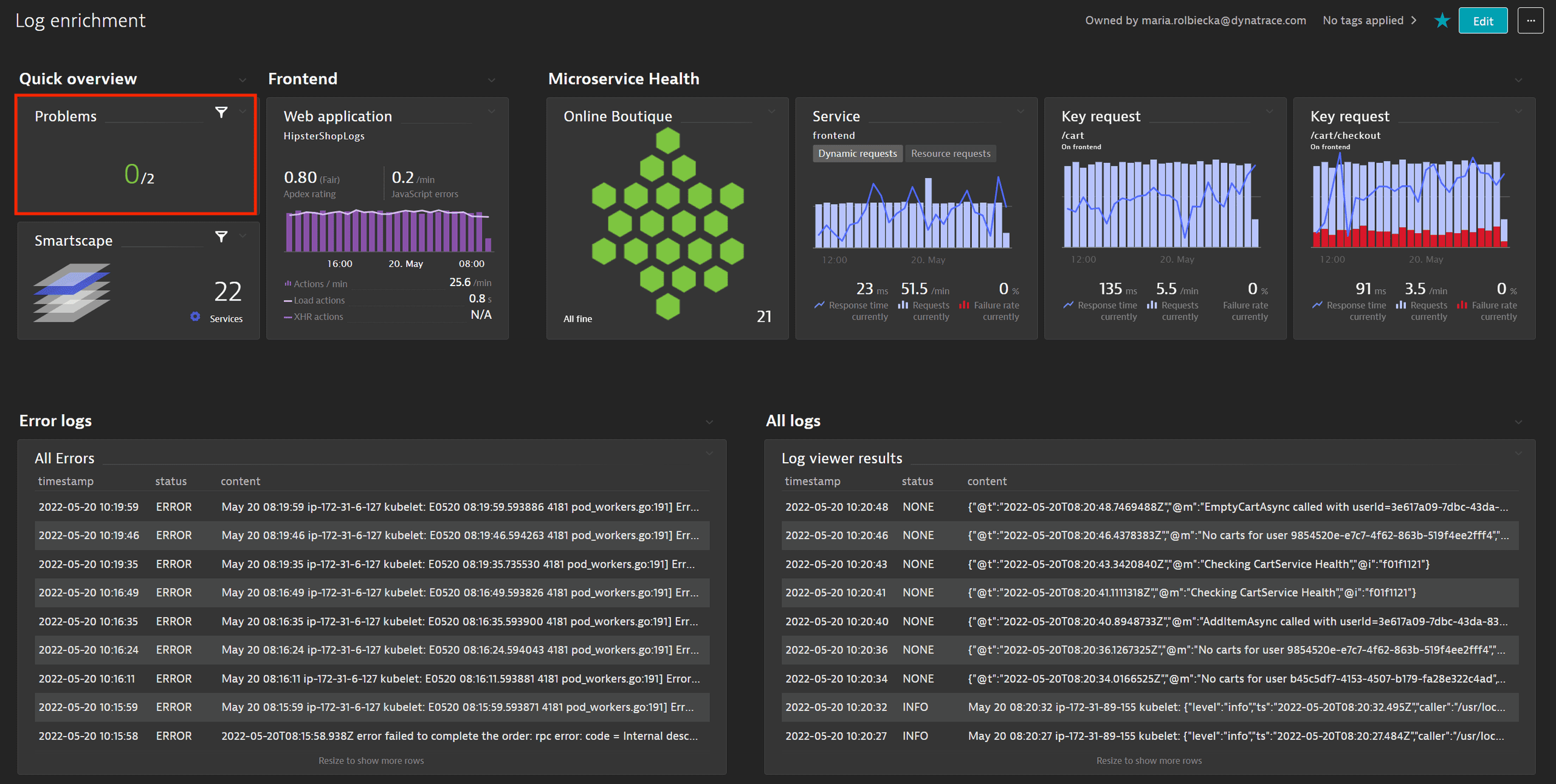 Dashboard - Logs in root cause analysis