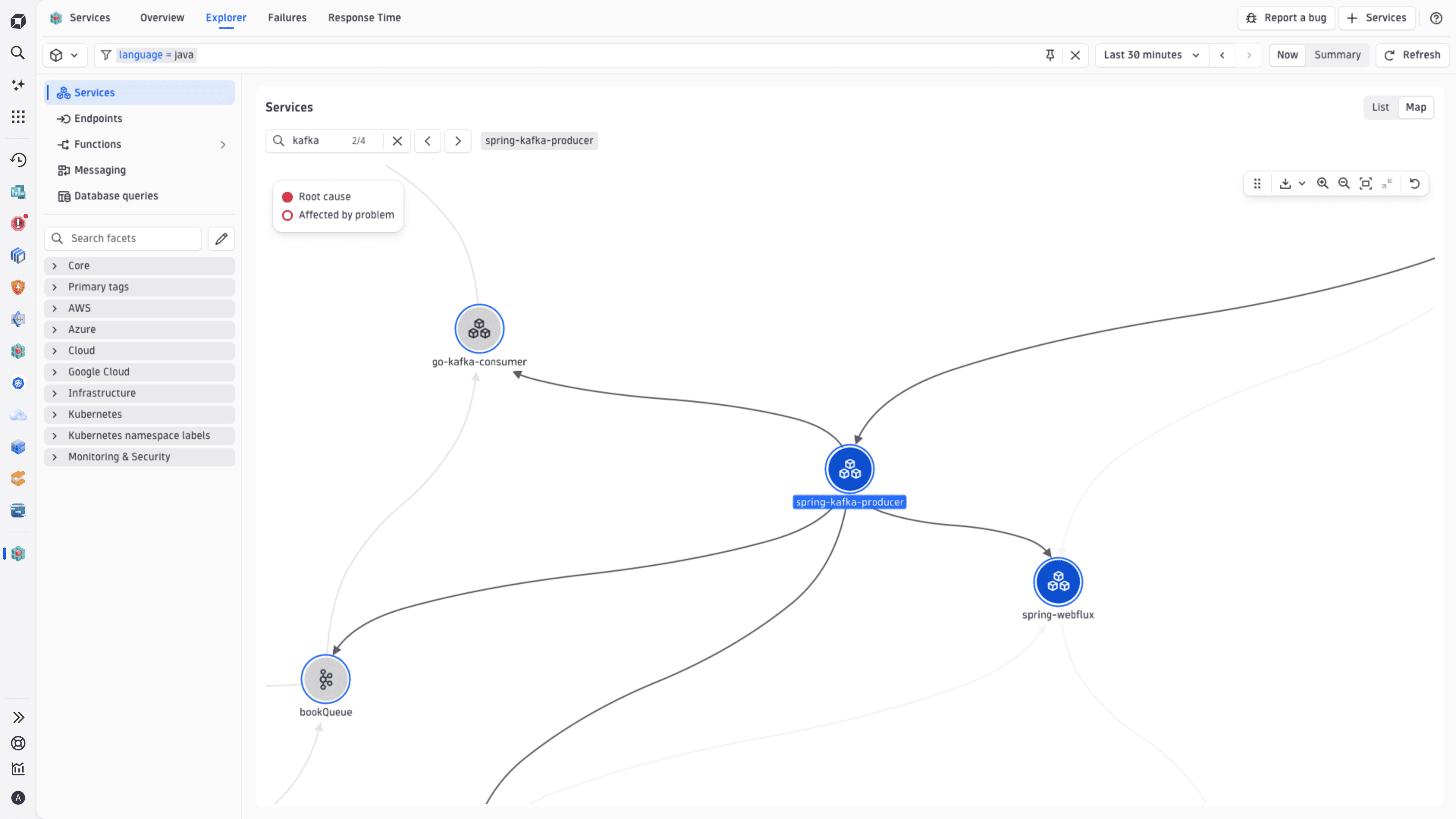 Service map filtered by the Java language and "kafka" in the search field