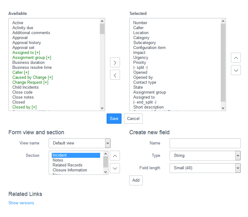 ServiceNow configuration form