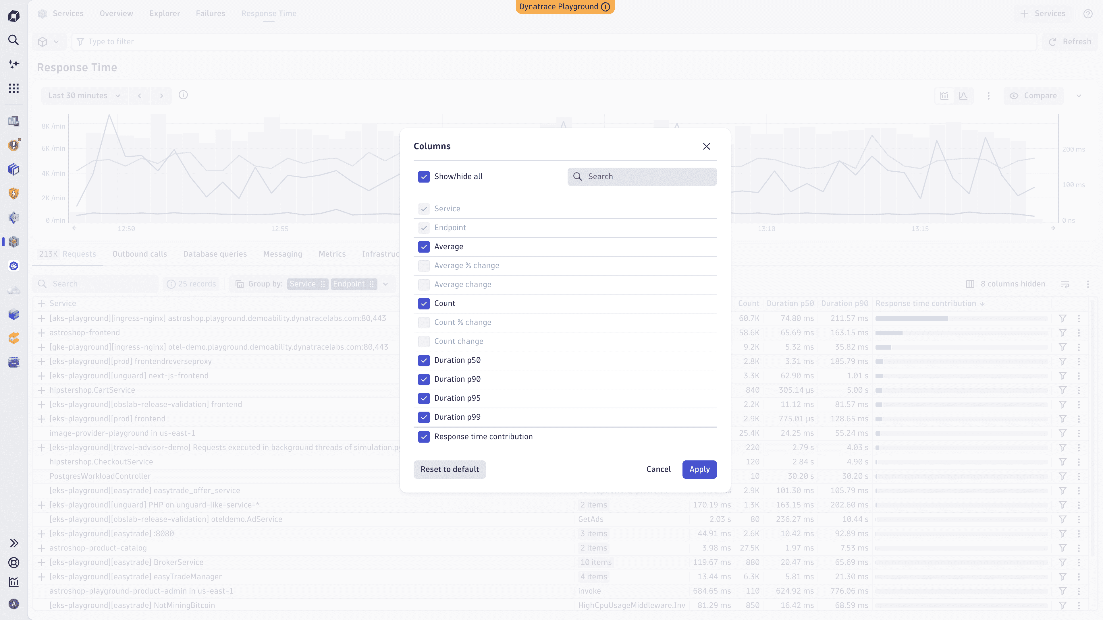 Percentile columns for duration in the Services app