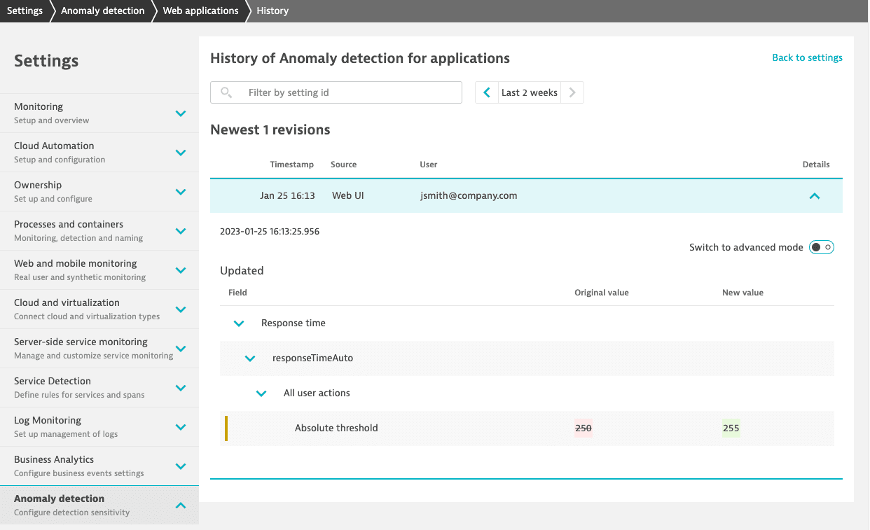 Settings history