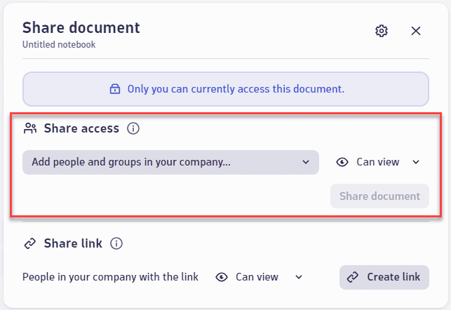 "Share document" window, "Share access" section