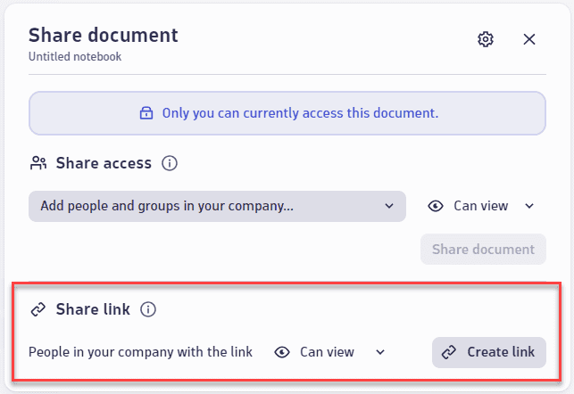 "Share document" window, "Share link" section
