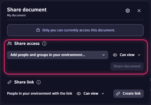 Document: sharing: "Share document" window: "Share access" settings