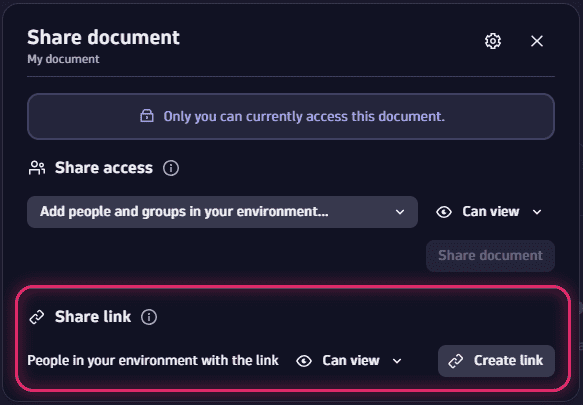 Document: sharing: "Share document" window: "Share link" settings