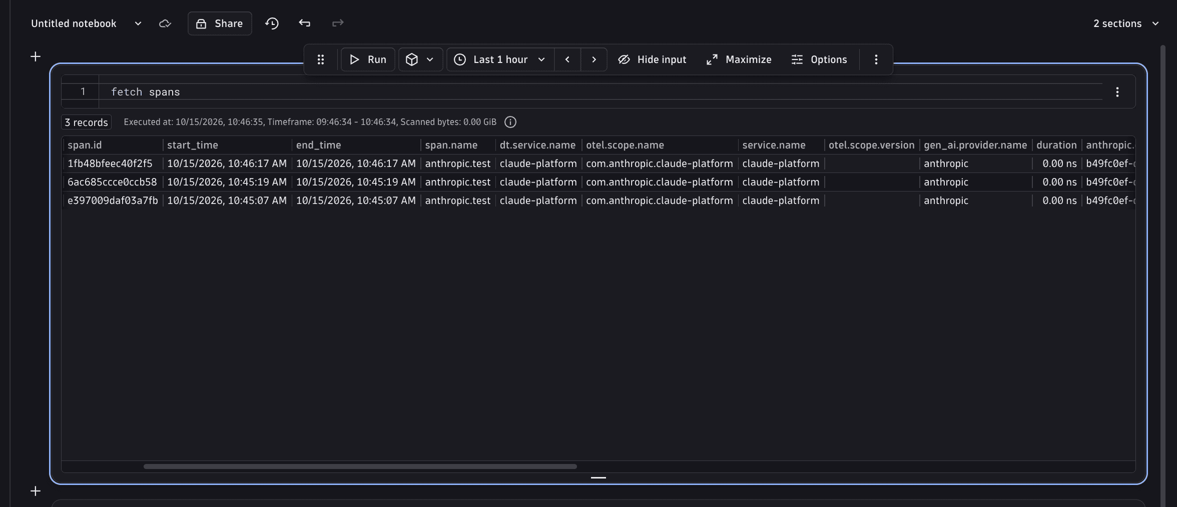A Dynatrace notebook listing anthropic.test spans from the claude-platform service with gen_ai.provider.name set to anthropic