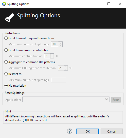 Splitting options dialog box