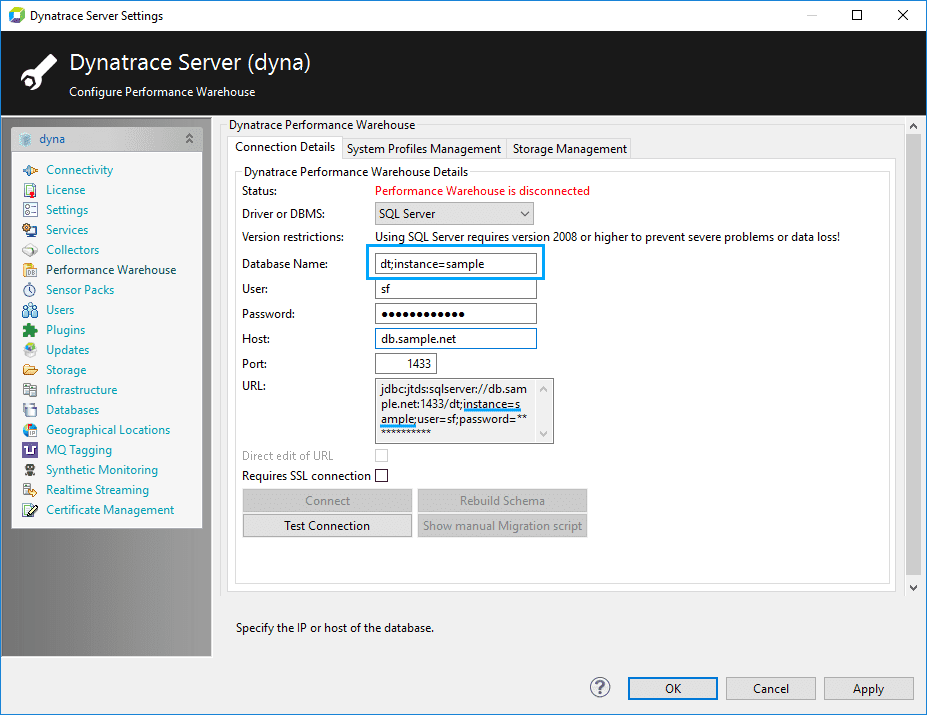 Instance name concatenated to DB name; (static) port 1433 SQL Server normally connects on