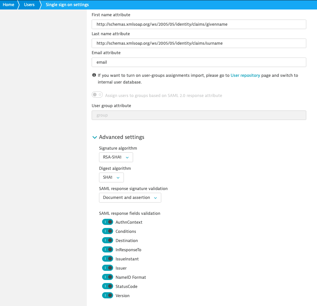 Single Sign on User Settings