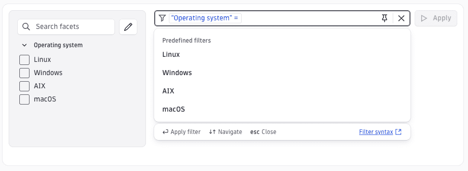 Filter dropdown showing static suggestion values for Operating system