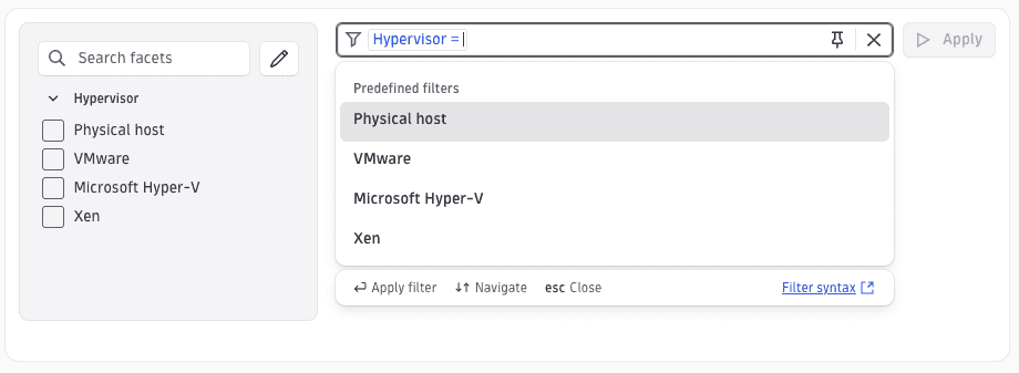 Filter with static suggestions using a custom DQL query for the Physical host option