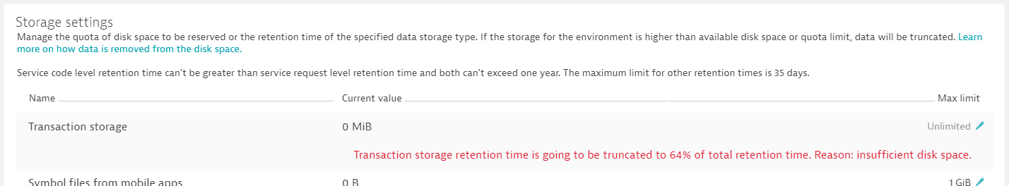 Truncated transaction storage retention time