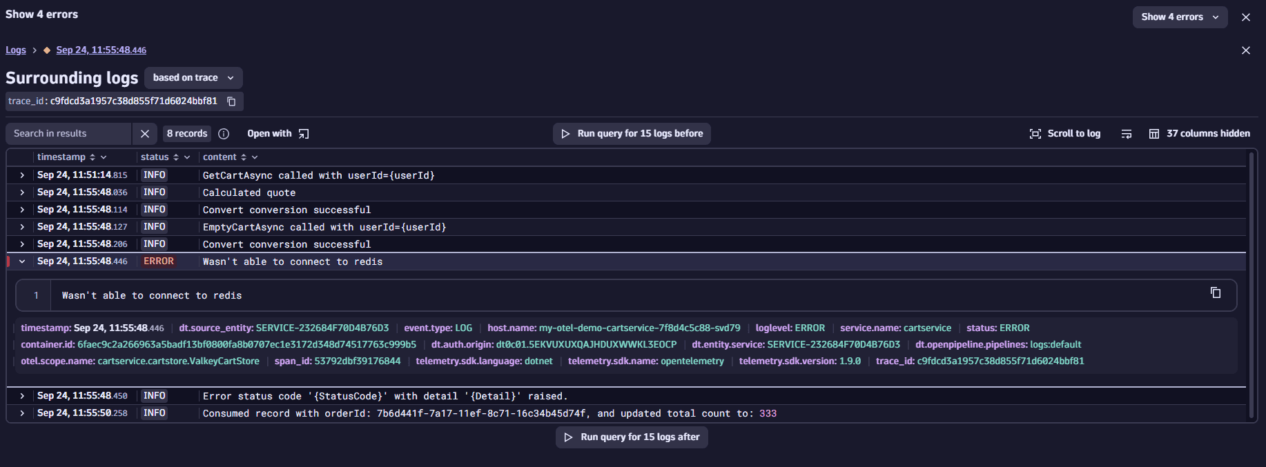 Surrounding logs based on traces that show events connected to the error with the same trace_id