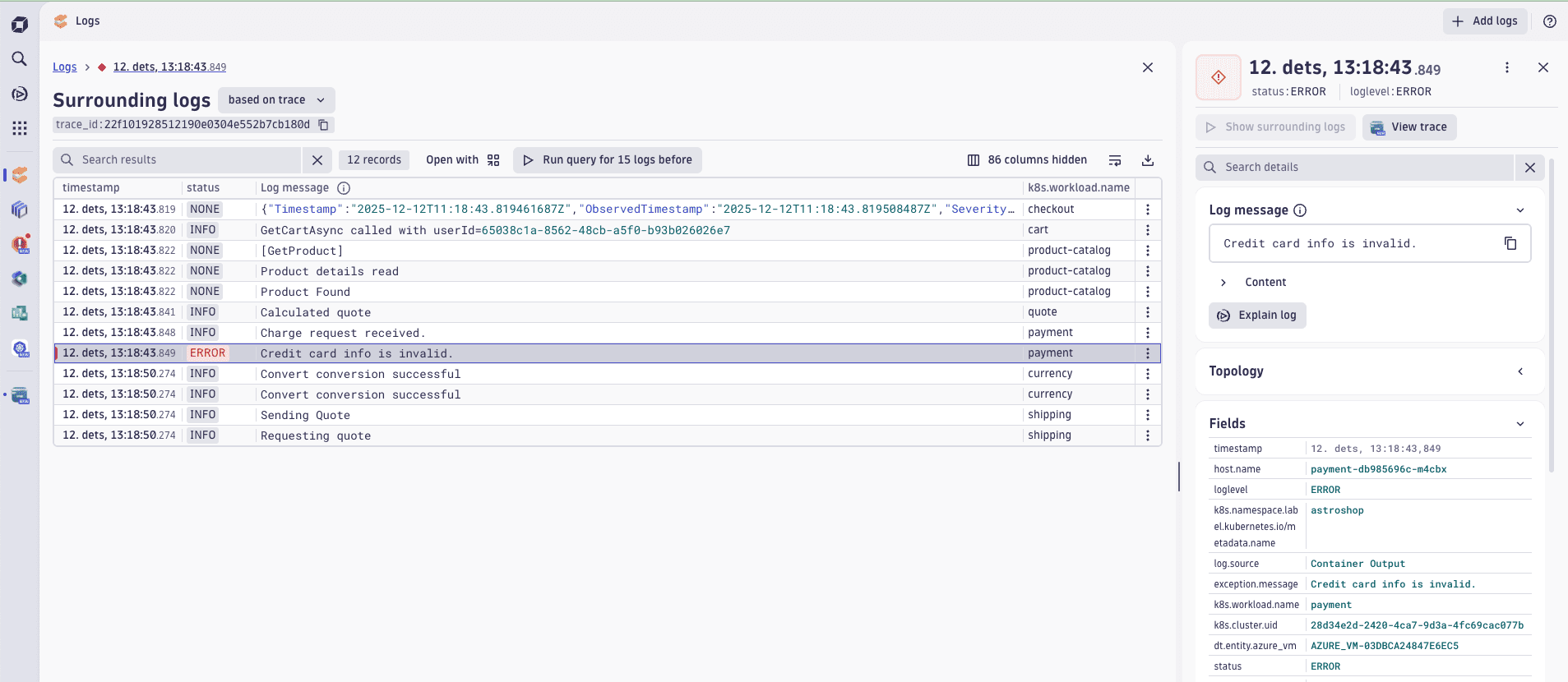 Surrounding logs of a log error based on trace ID correlation