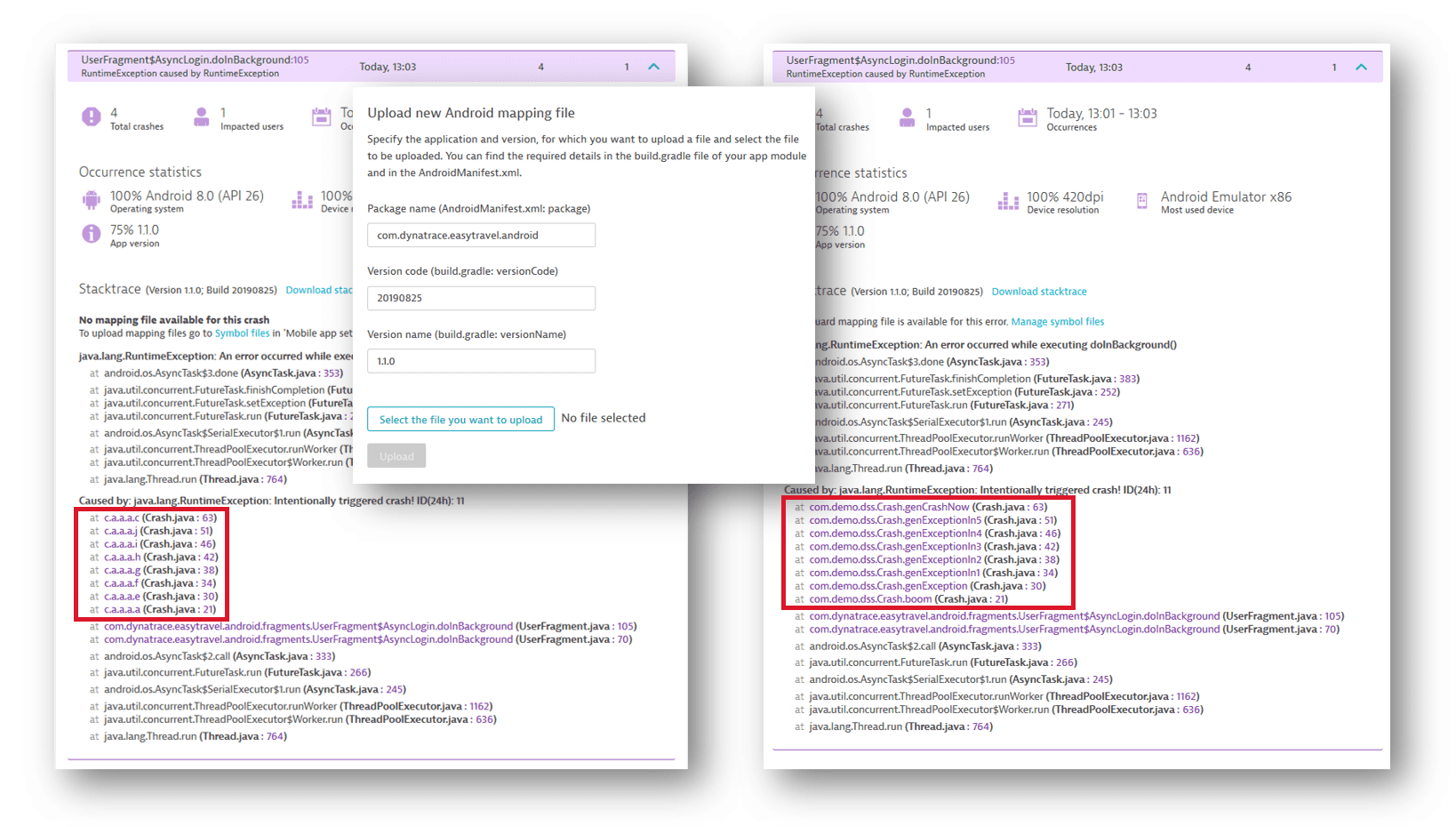 Android stack trace before and after deobfuscation