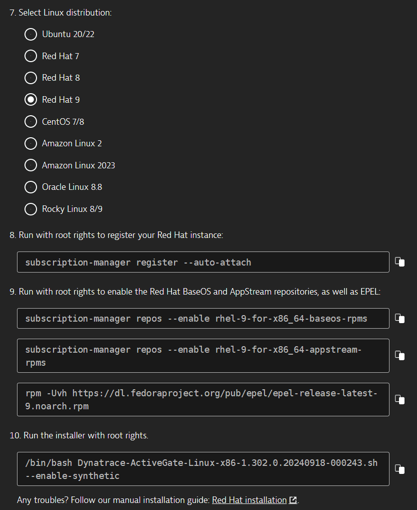 Commands to install ActiveGate on Red Hat 9