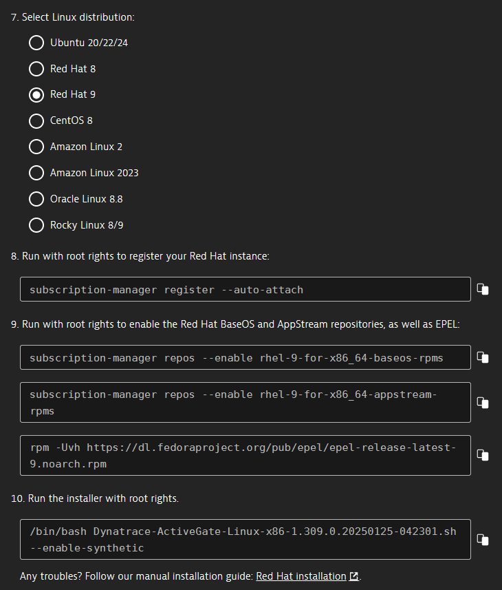 Commands to install ActiveGate on Red Hat 9