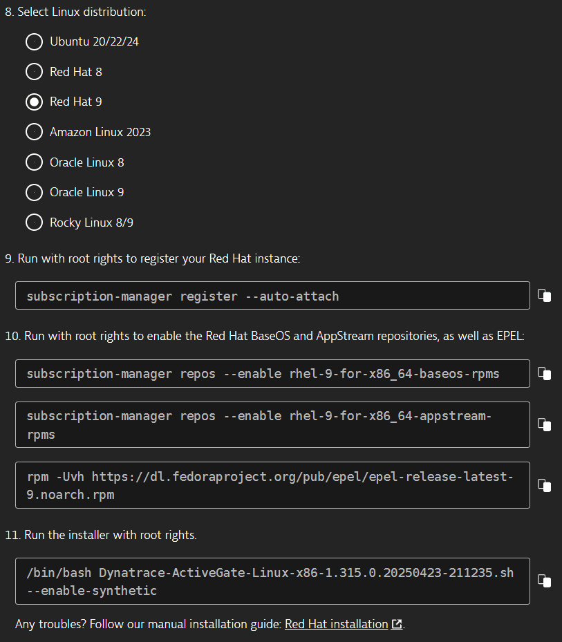 Commands to install ActiveGate on Red Hat 9