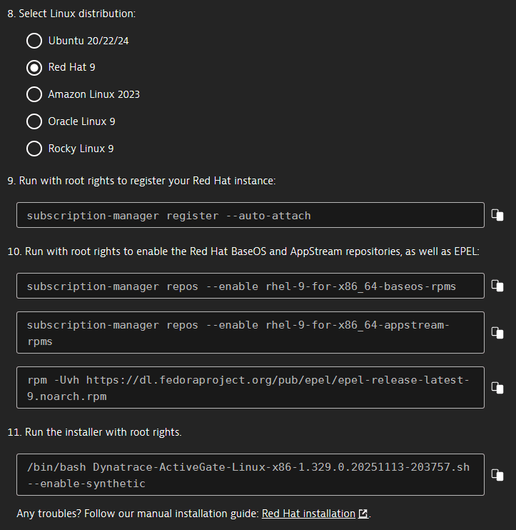 Commands to install ActiveGate on Red Hat 9