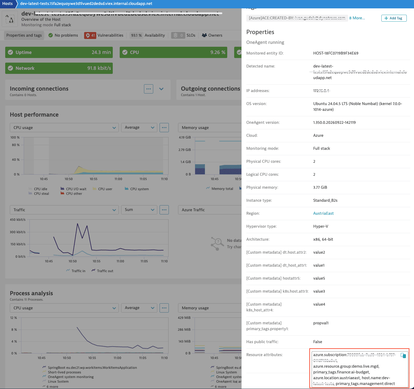 Resource attributes listed in the Properties section of a host entity page