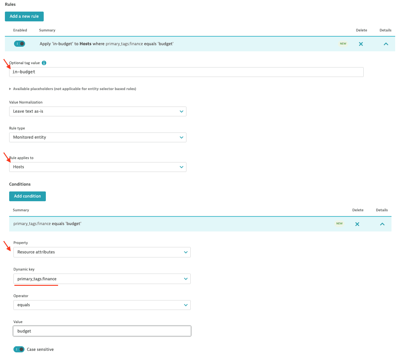 Auto-tagging rule for hosts with Resource attributes selected as the condition property, a dynamic key, an operator, and a value