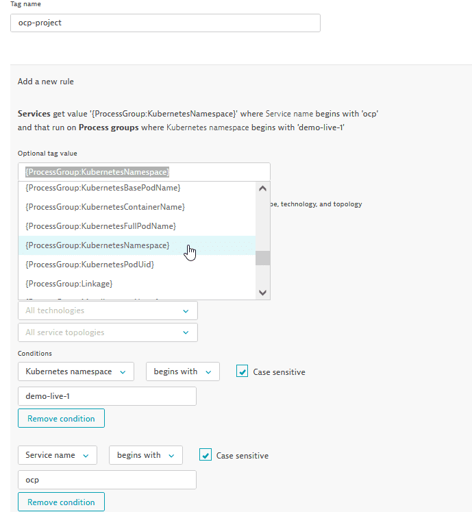 Page showing how to create rule for a new tag.