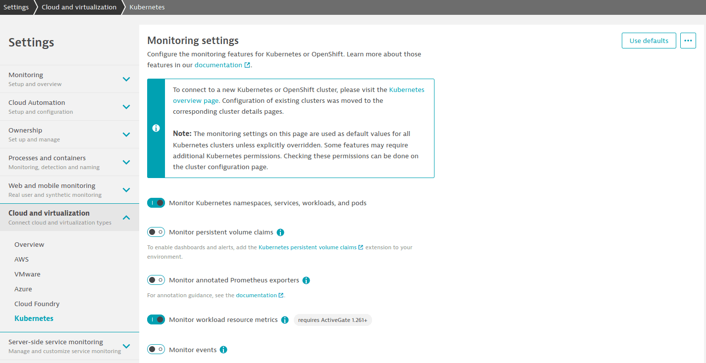 Kubernetes monitoring settings on tenant