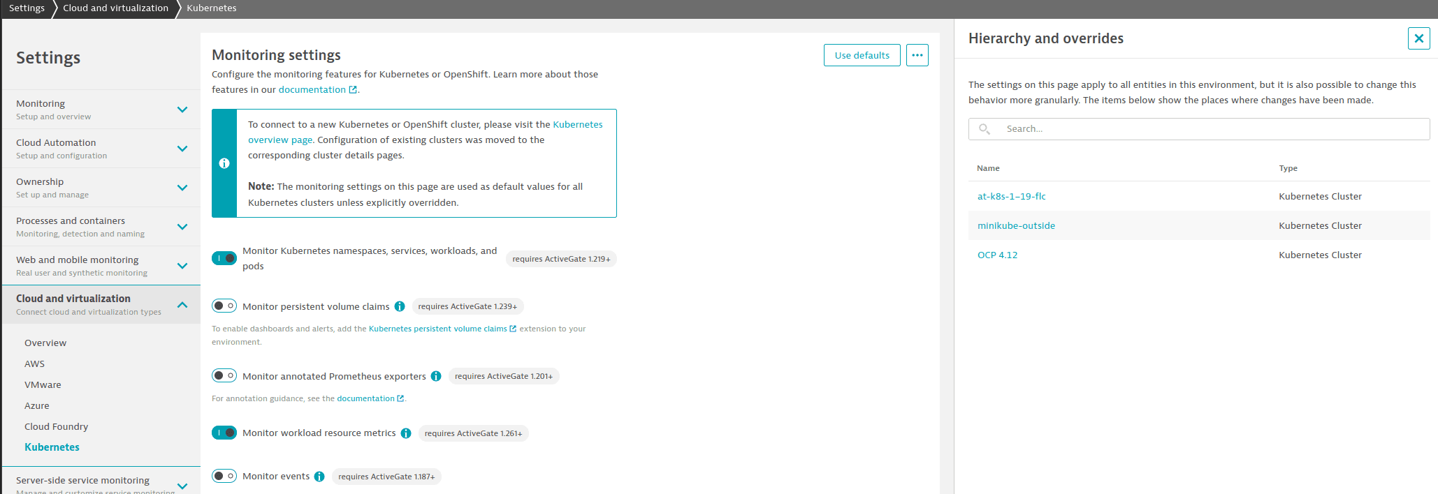 Kubernetes monitoring settings overrides