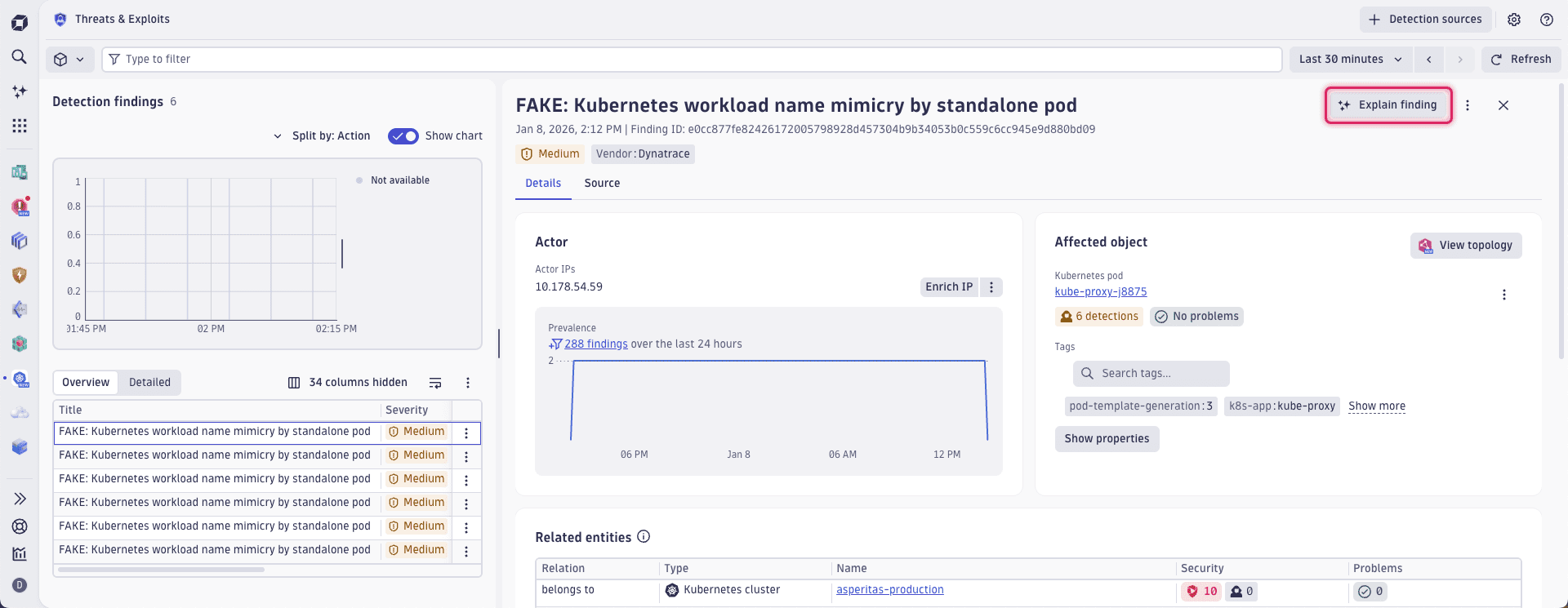 An example of how to explain a finding in the Threats & Exploits app.