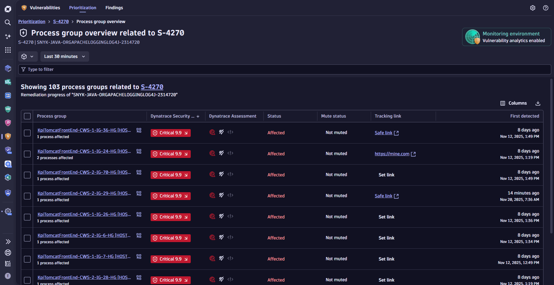 Process group overview related to a vulnerability