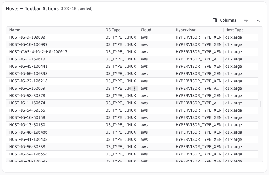 DQL table with column visibility, line wrap, and download toolbar buttons above the header