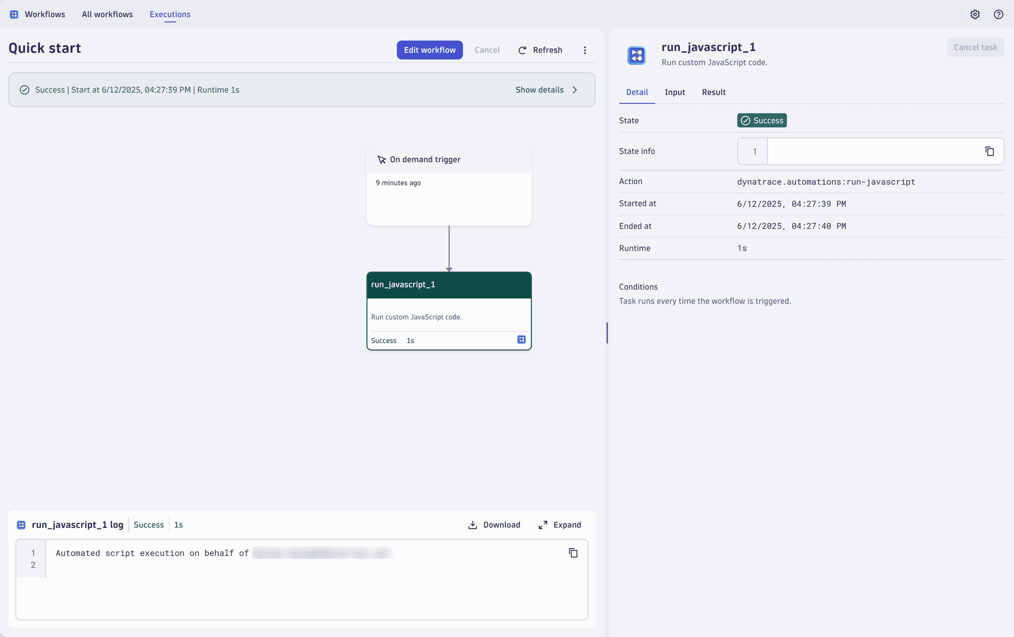 Screenshot of the Quick start workflow JavaScript task details.