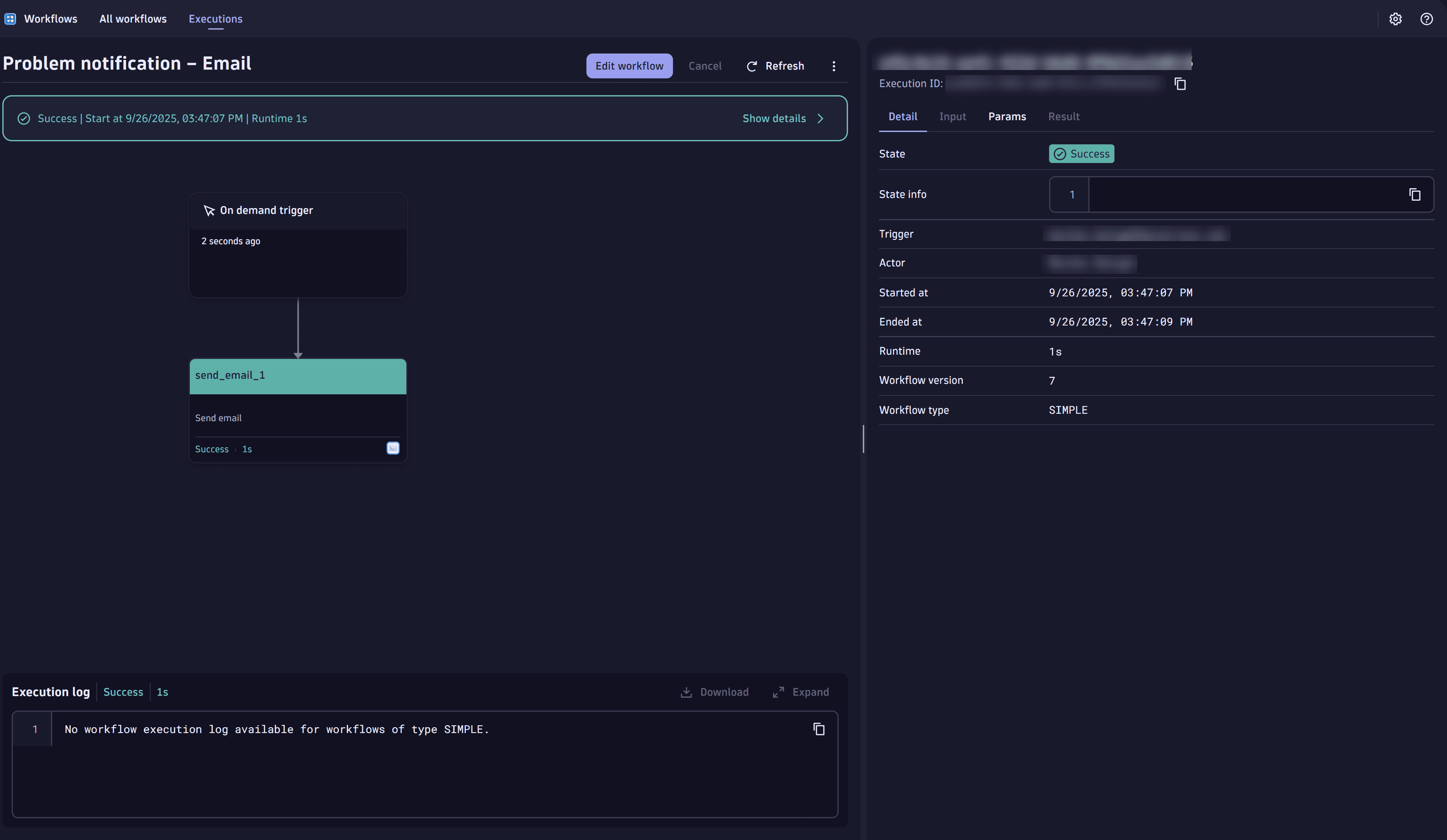 Screenshot of a successfully run email notification workflow. 