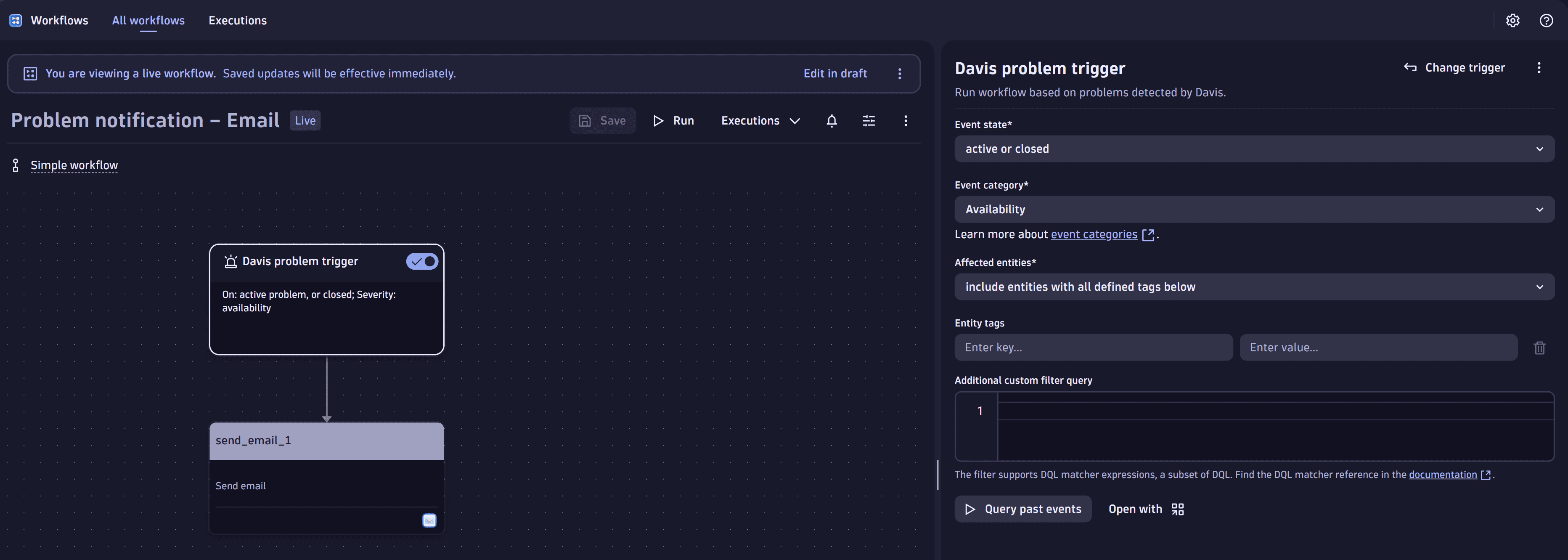 Screenshot of a workflow to learn how to send email notifications for Davis problems using a simple workflow.